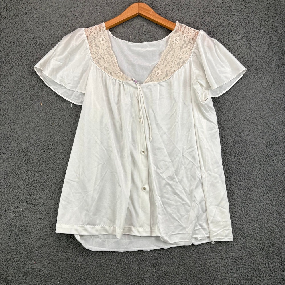 Vintage Unbranded White Satin Lace Trim Flutter Sleeve Pajama Top Nightie L